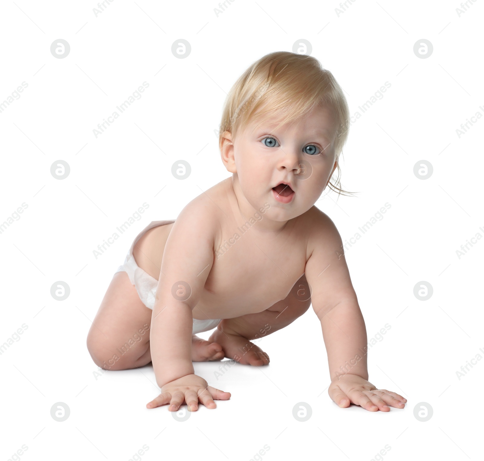 Photo of Cute little baby in diaper on white background