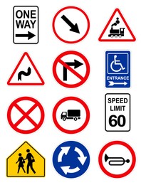 Set with different traffic signs on white background. Illustration