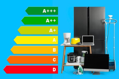 Energy efficiency rating label and different household appliances on light blue background