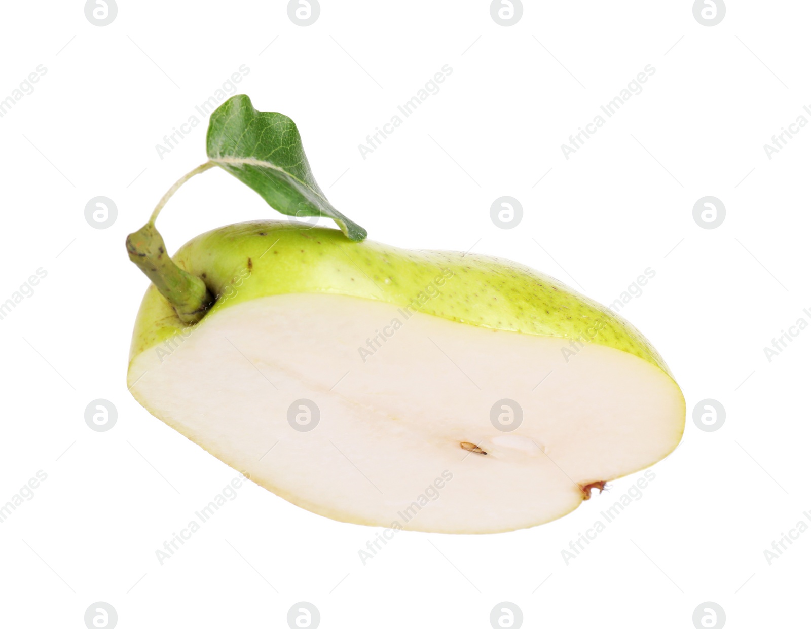 Photo of Half of ripe pear with leaf on white background