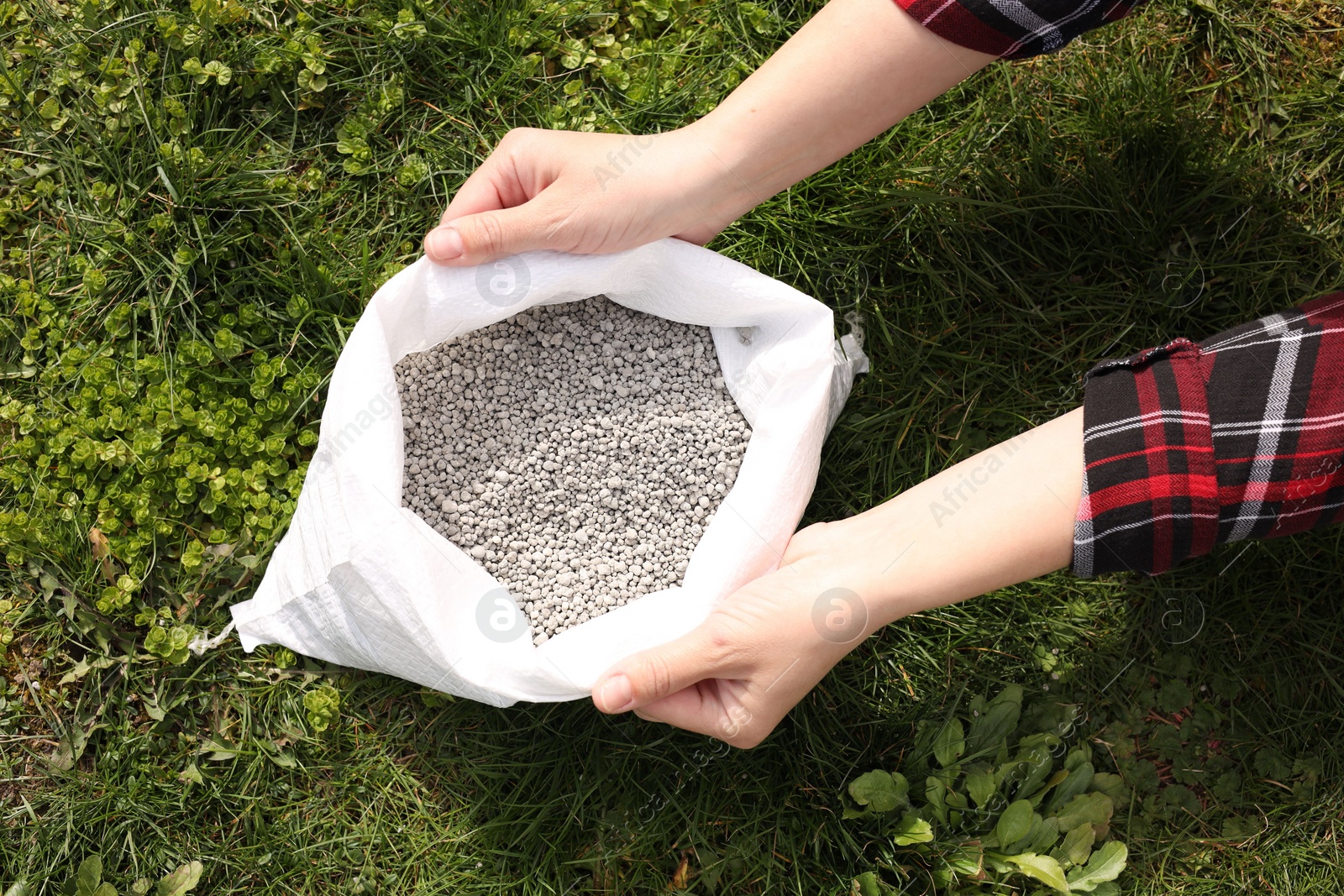 Photo of Woman with bag of fertilizer on green grass outdoors, top view