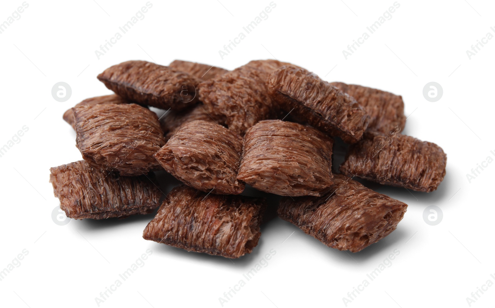 Photo of Tasty chocolate cereal pads isolated on white