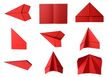 Image of How to make paper plane: step by step instruction. Collage with photos of folded red paper sheets on white background, top view