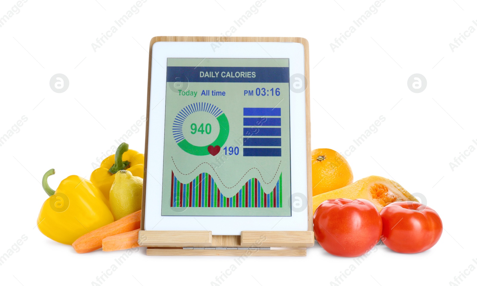 Photo of Tablet with weight loss calculator application and food products on white background