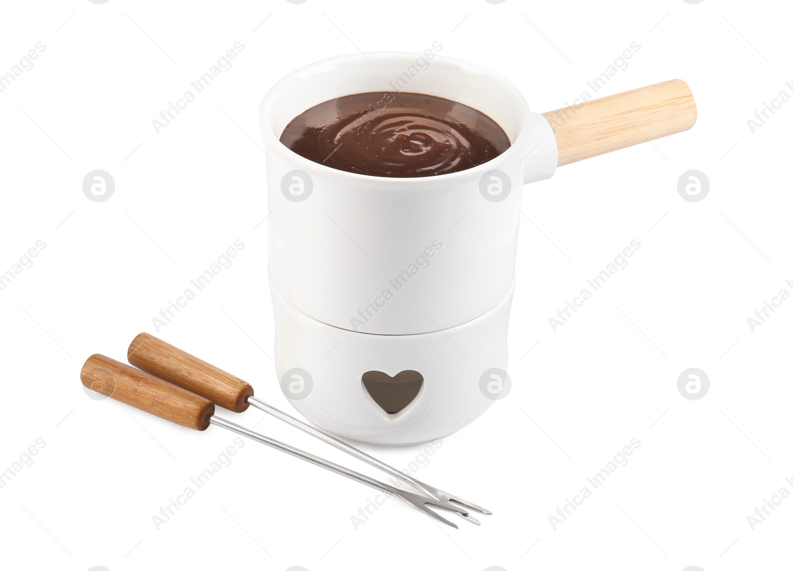 Photo of Fondue pot with melted chocolate and forks isolated on white