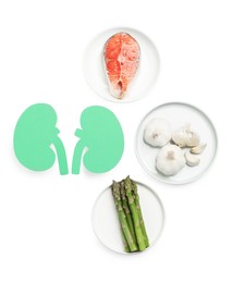 Paper cutout of kidneys and different healthy products on white background, flat lay