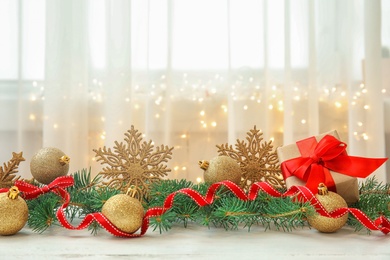 Photo of Beautiful Christmas composition with festive decor on table