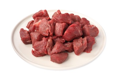 Photo of Plate with pieces of raw beef meat isolated on white