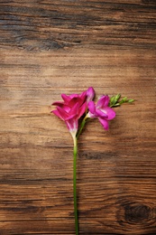 Photo of Beautiful freesia on wooden background