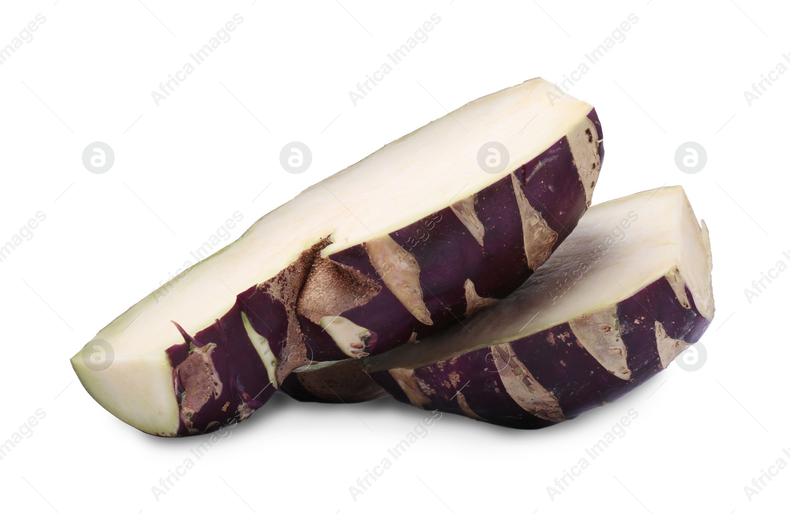 Photo of Pieces of tasty Kohlrabi cabbage on white background