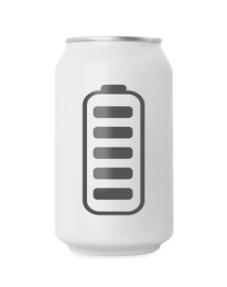 Image of Can of energy drink with picture of fully charged battery on white background