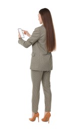 Photo of Woman using smartphone with blank screen on white background