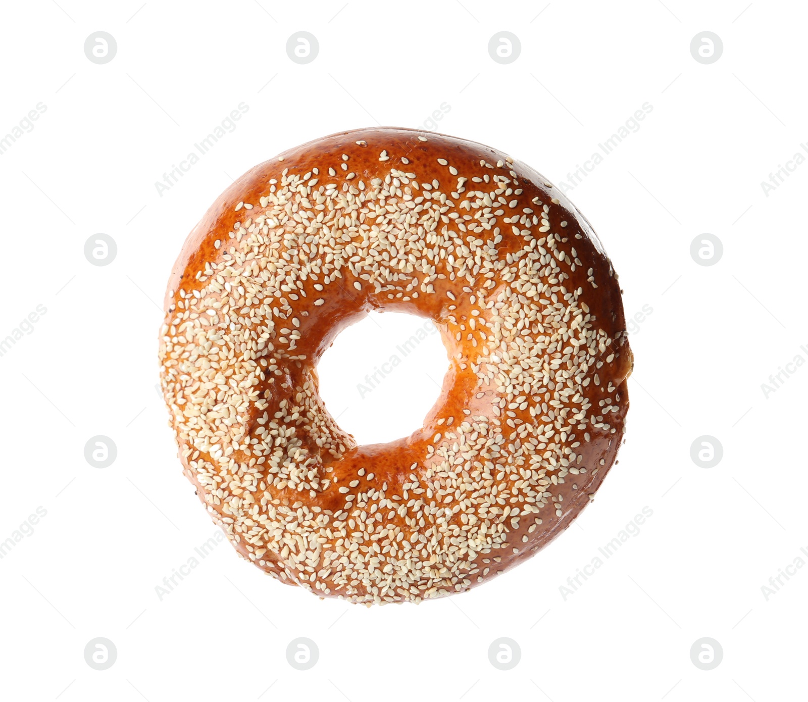 Photo of Delicious fresh bagel with sesame seeds isolated on white