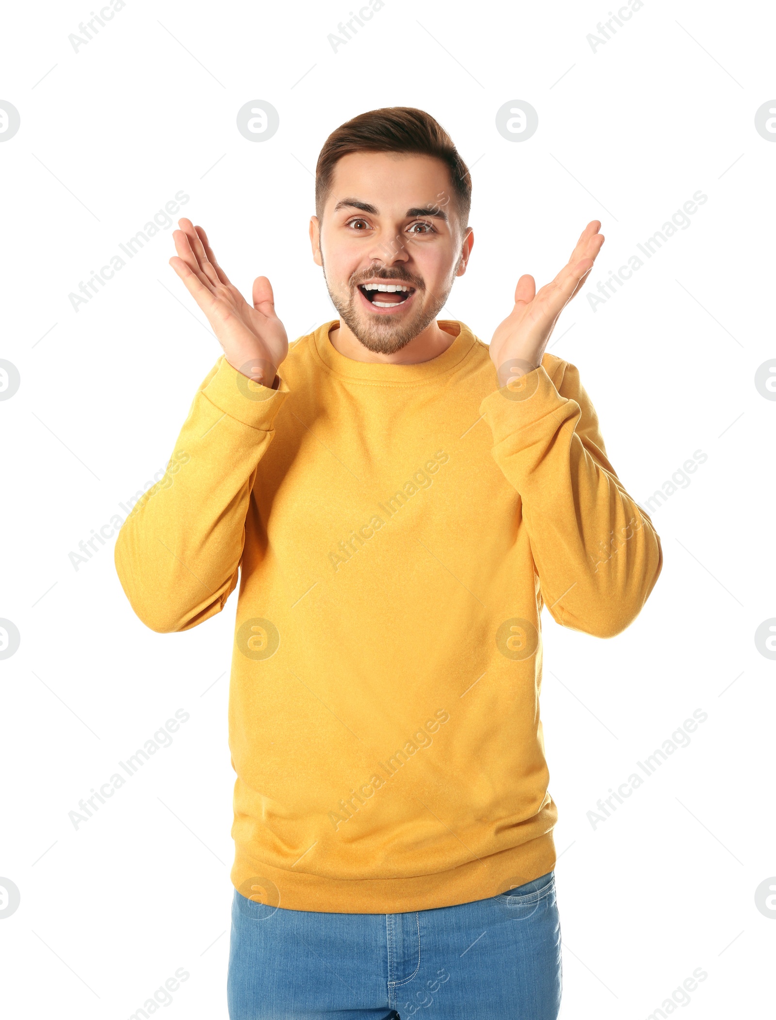 Photo of Portrait of emotional handsome man on white background