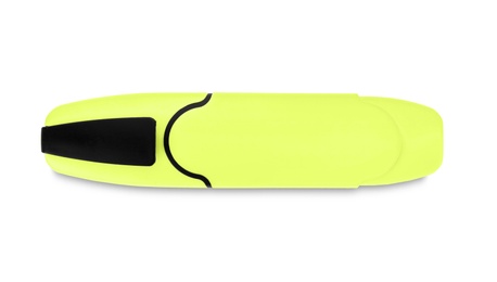 Photo of Yellow marker on white background. Stationery for school