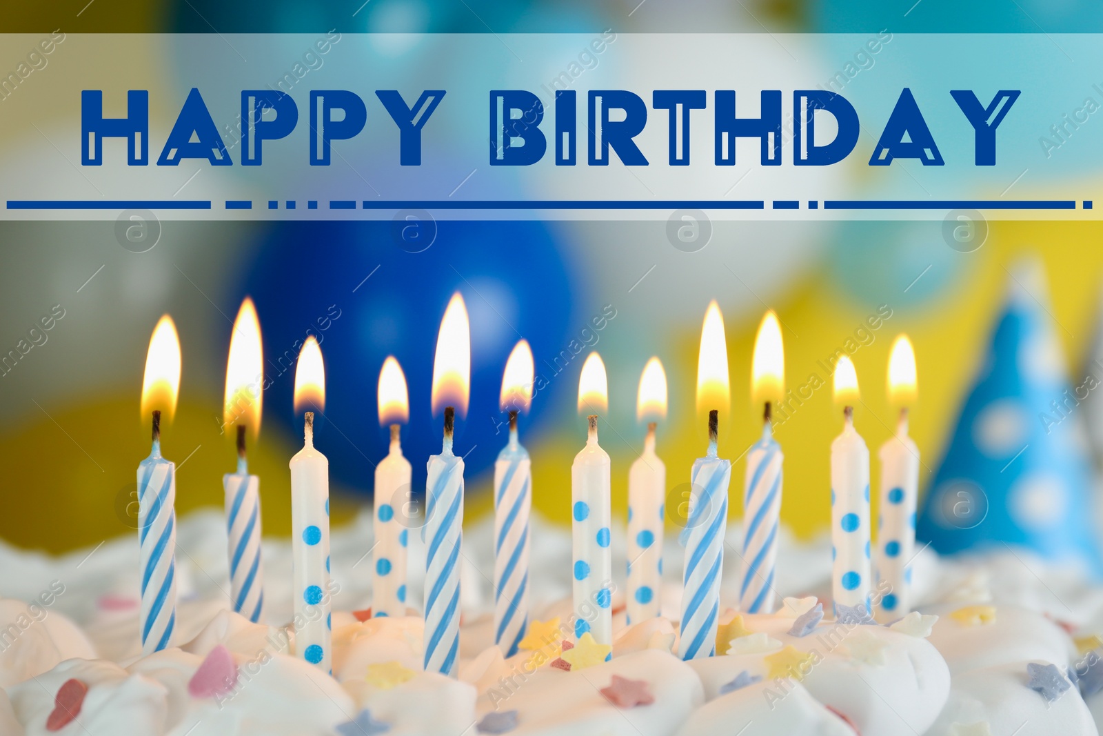 Image of Happy Birthday! Delicious cake with burning candles on blurred background, closeup