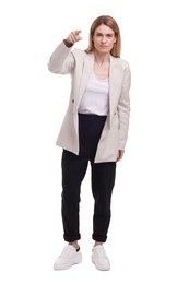 Photo of Beautiful business woman pointing on white background