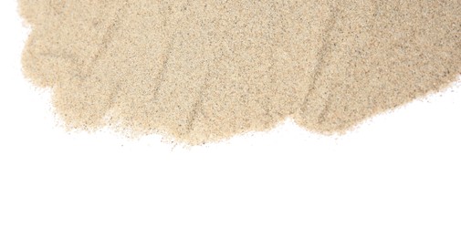 Photo of Pile of dry beach sand isolated on white, top view