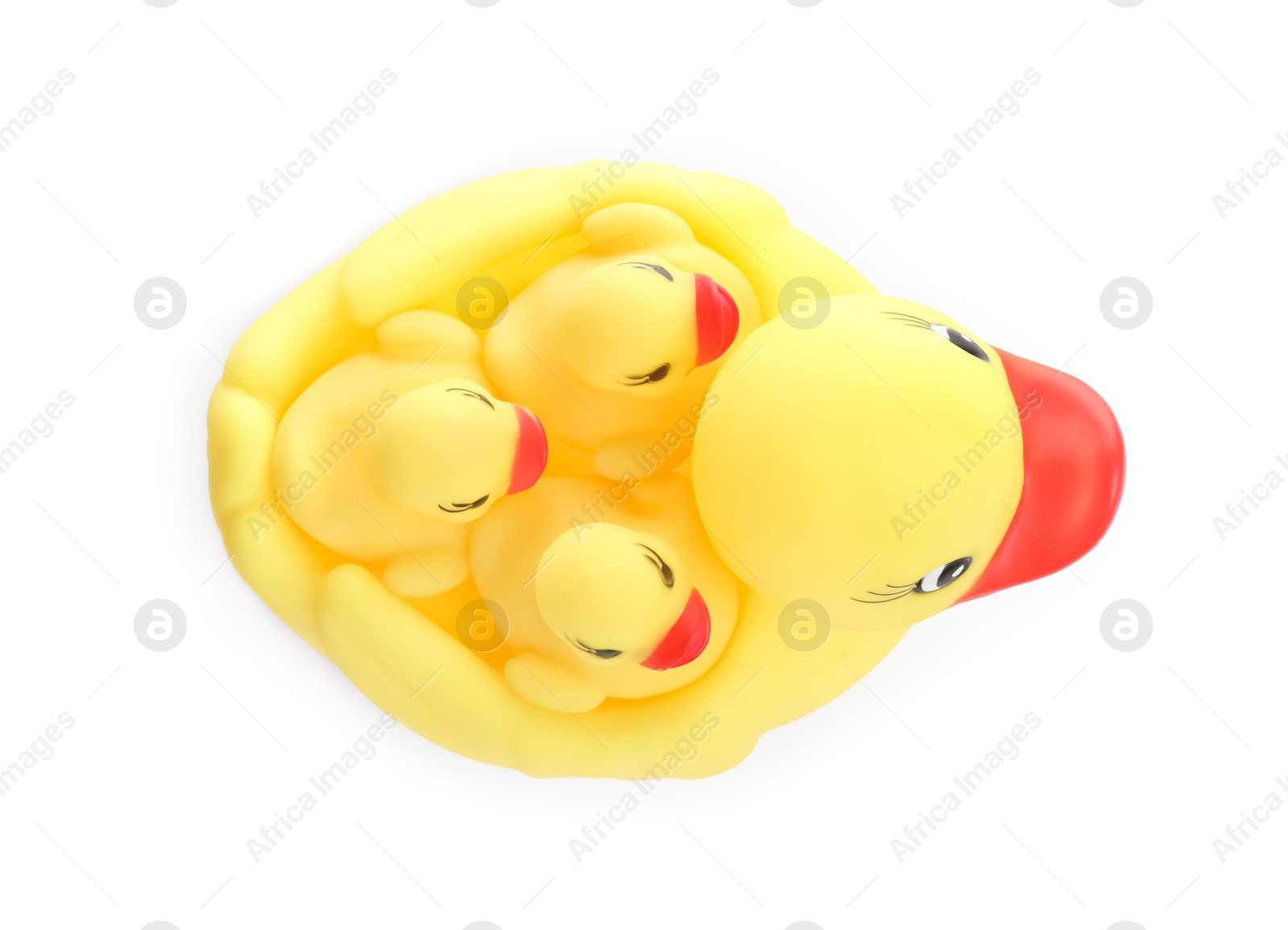 Photo of Cute rubber toy ducks isolated on white, top view
