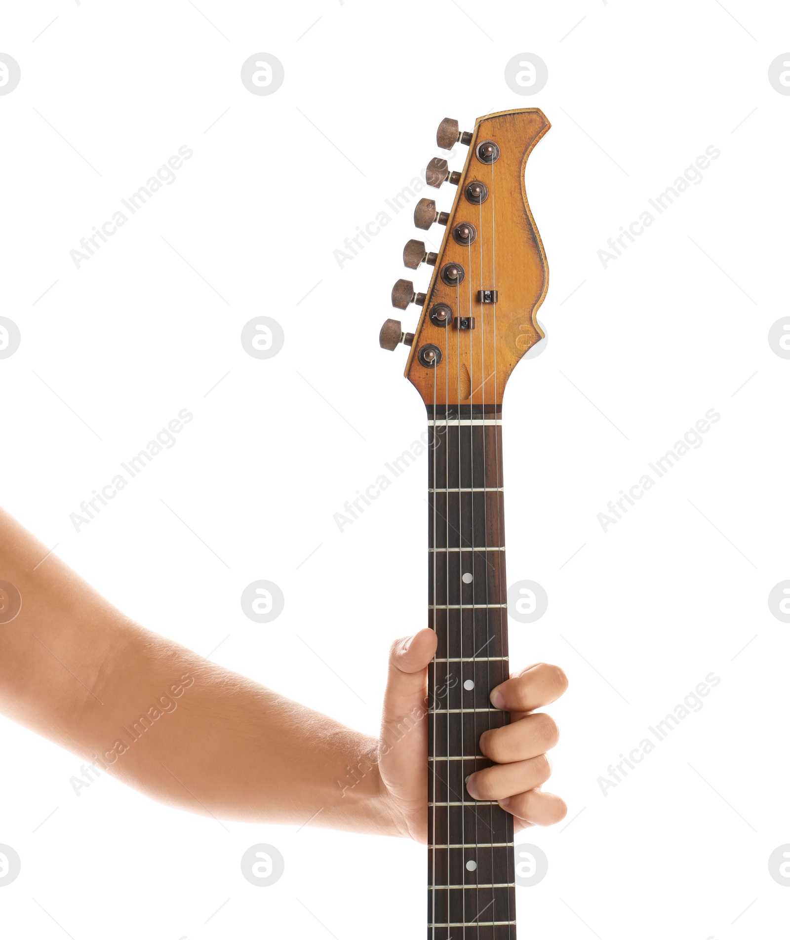 Photo of Man holding electric guitar on white background, closeup