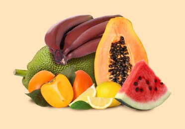 Image of Many different fresh fruits on beige background