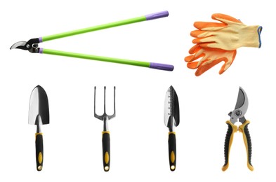 Image of Set with different gardening tools on white background