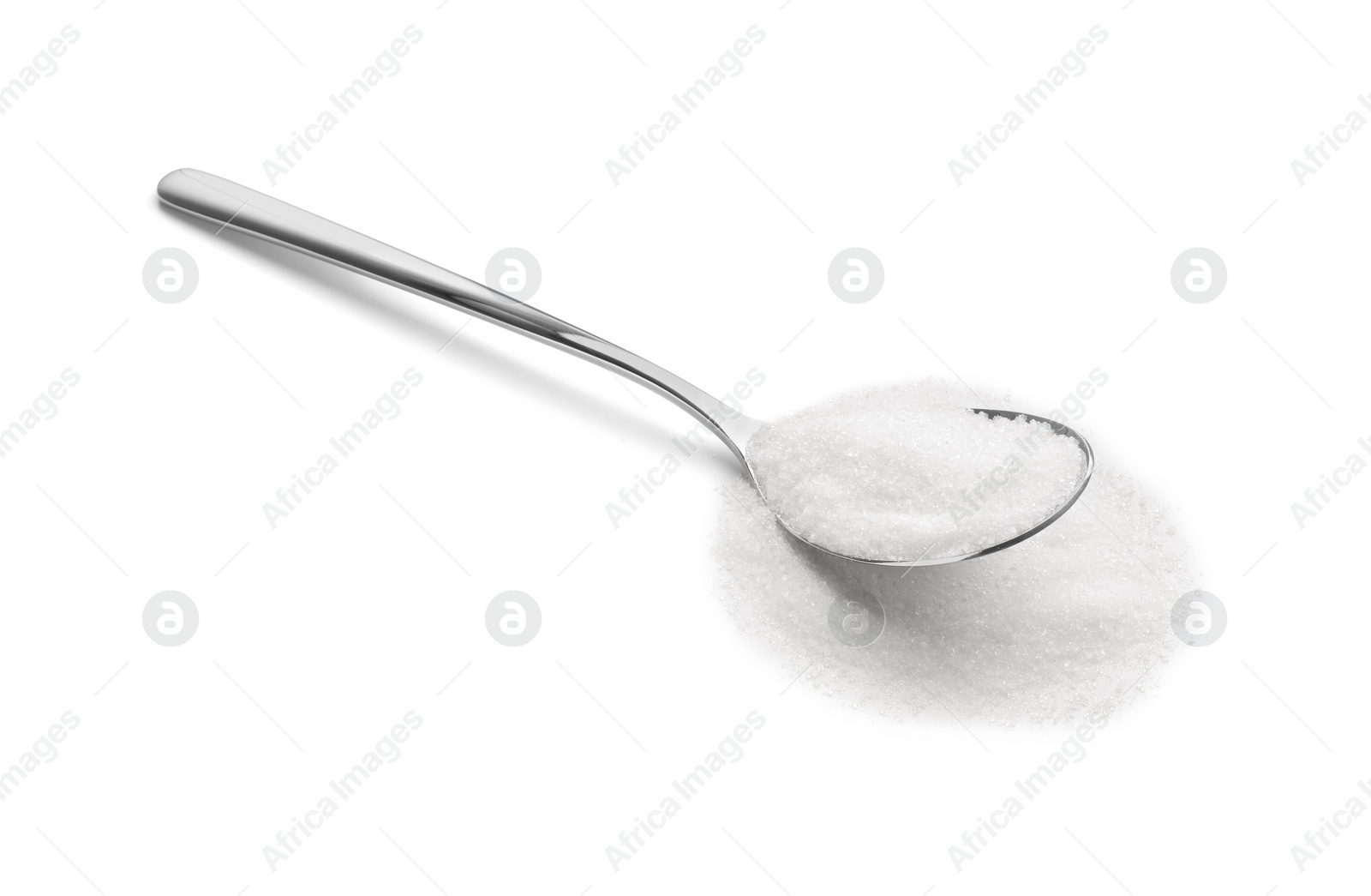 Photo of Spoon with granulated sugar isolated on white