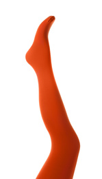 Photo of Leg mannequin in red tights on white background