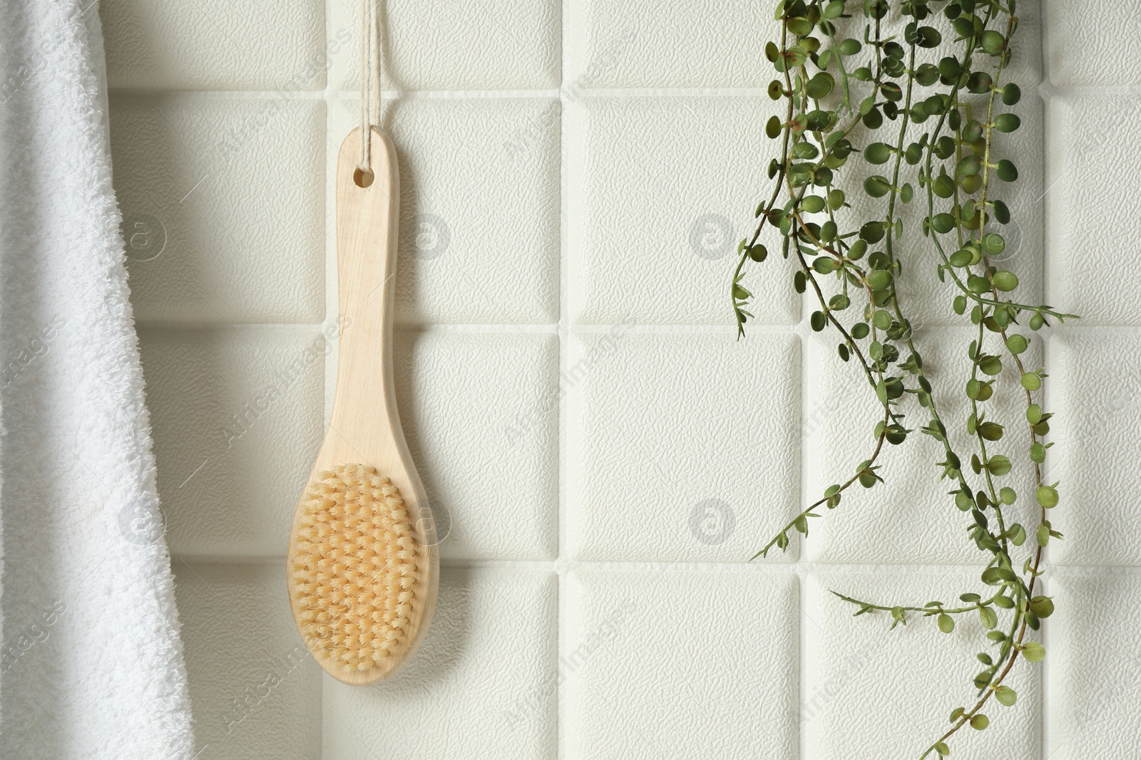 Photo of Bath accessories. Bamboo brush, terry towel and green plant on white tiled wall