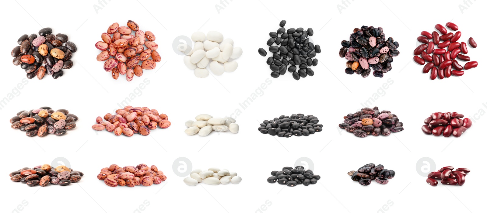 Image of Different raw kidney beans isolated on white. Collection with different sides