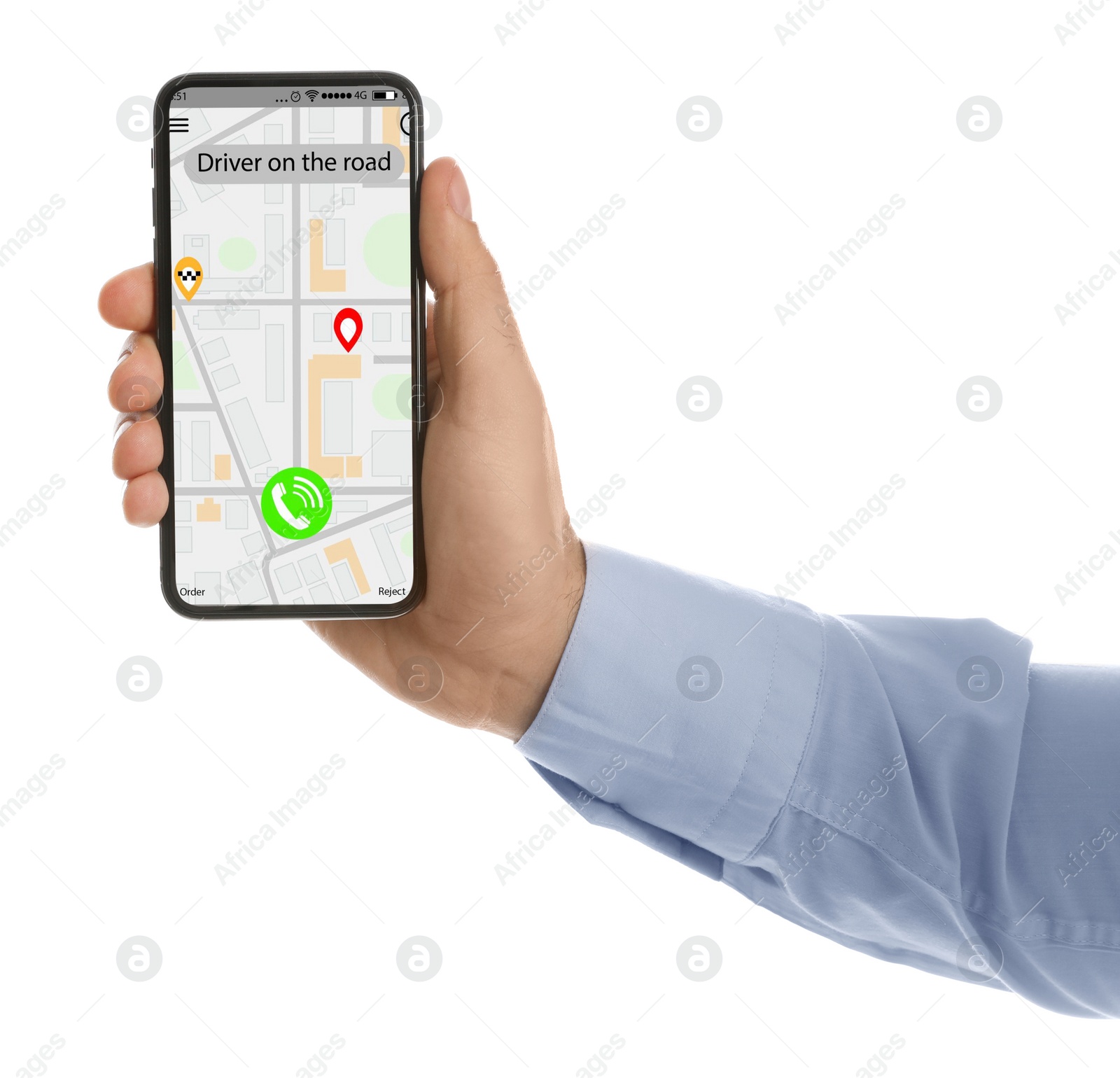 Photo of Man ordering taxi with smartphone on white background, closeup