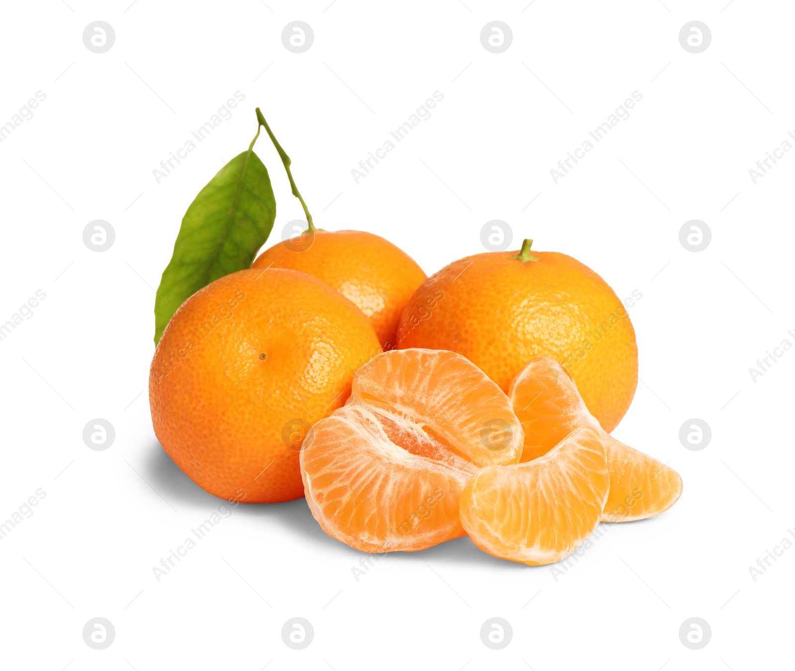 Photo of Fresh ripe juicy tangerines with green leaf isolated on white