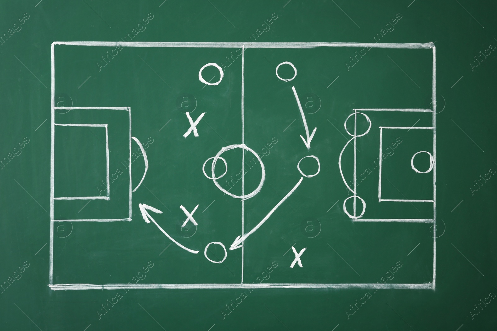 Photo of Chalkboard with scheme of football game. Team play and strategy