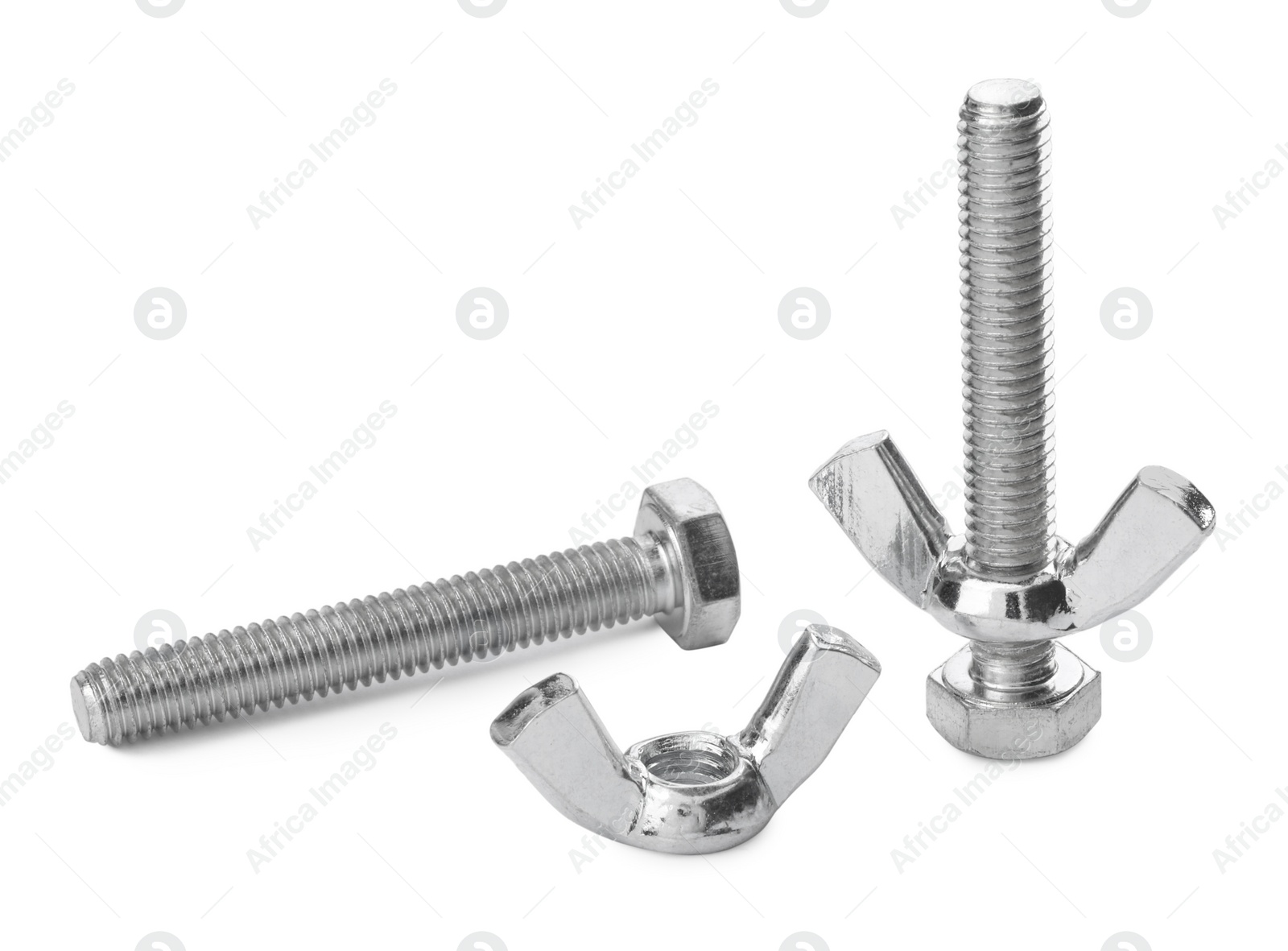 Photo of Metal screws with wing nuts isolated on white