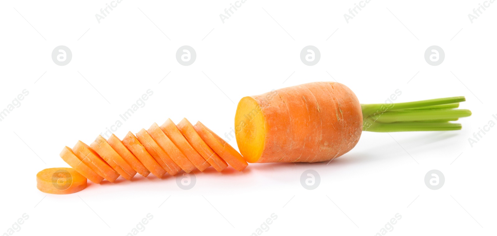 Photo of Sliced fresh ripe carrot isolated on white