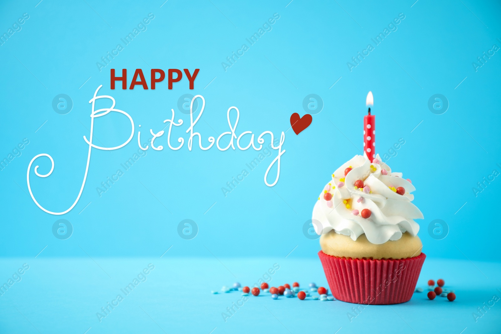 Image of Happy Birthday! Delicious cupcake with candle on light blue background