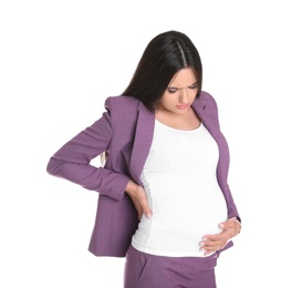 Young pregnant woman suffering from pain on white background. Working while expecting baby