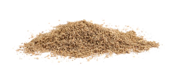 Photo of Heap of powdered coriander isolated on white