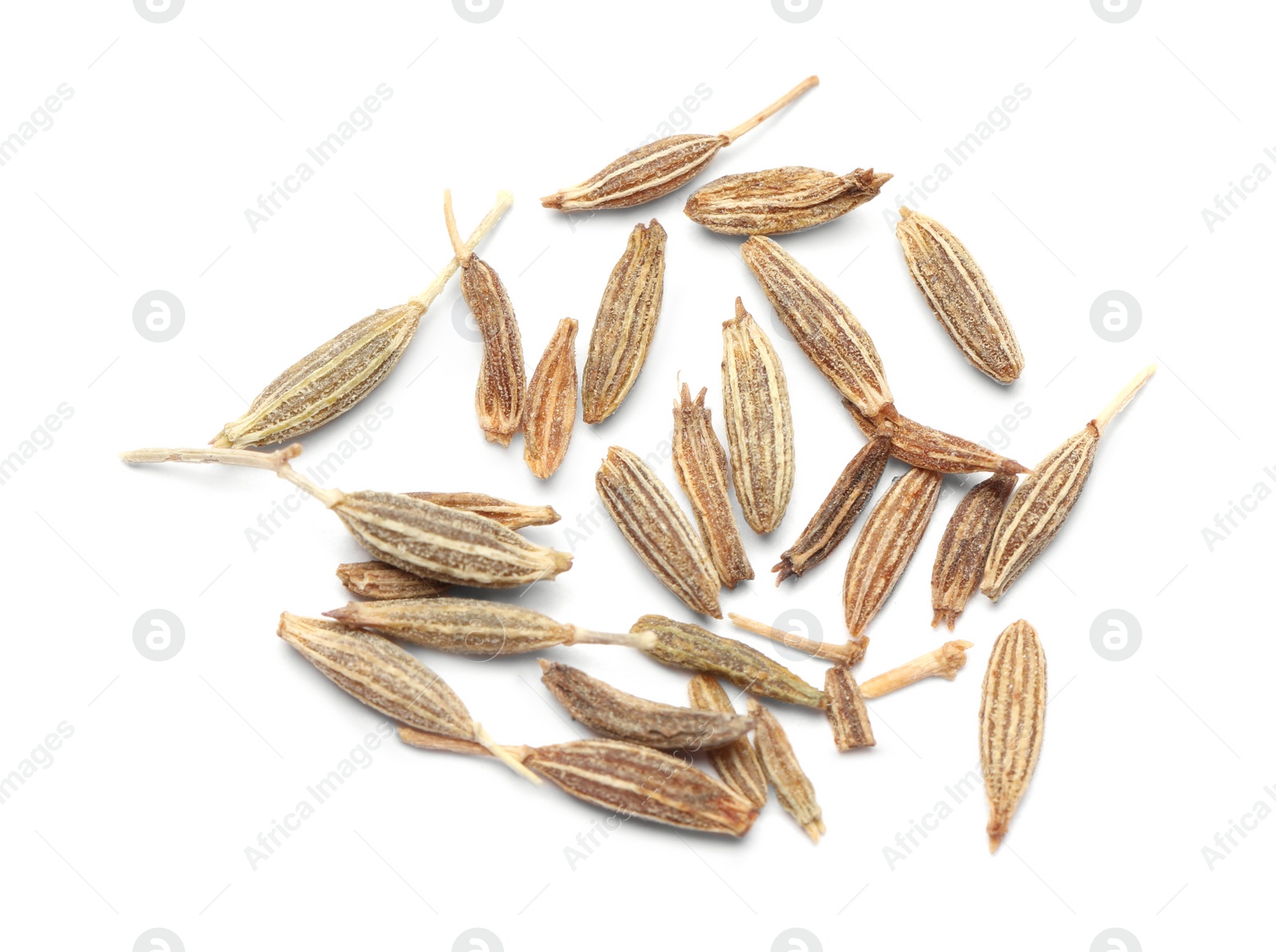 Photo of Heap of aromatic caraway (Persian cumin) seeds isolated on white, top view