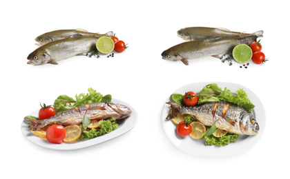 Image of Set with fresh raw and roasted fish on white background