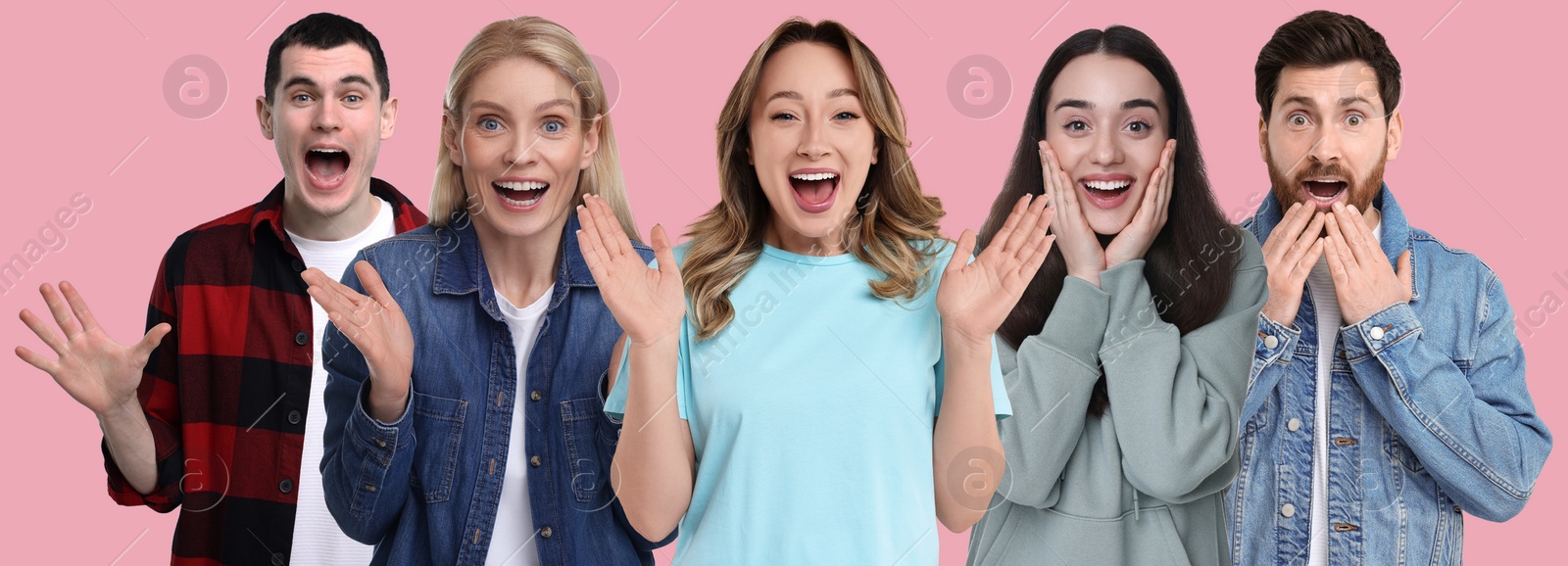 Image of Group of surprised people on pink background, banner design