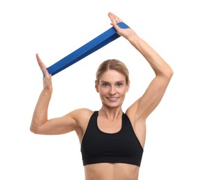 Photo of Woman exercising with elastic resistance band on white background