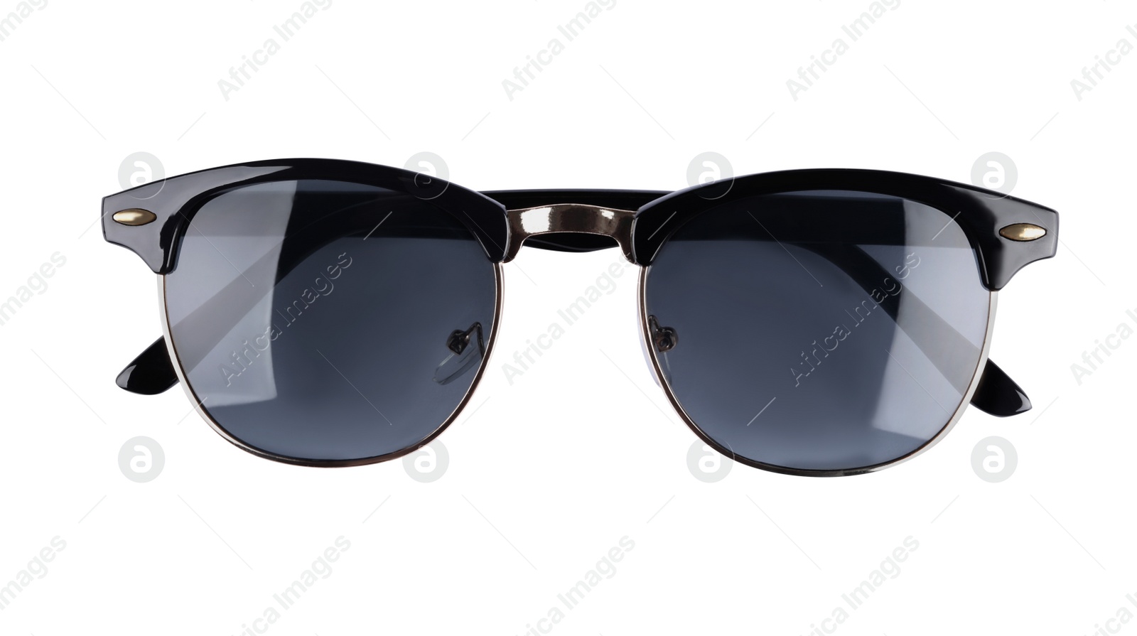 Photo of New stylish sunglasses isolated on white, top view