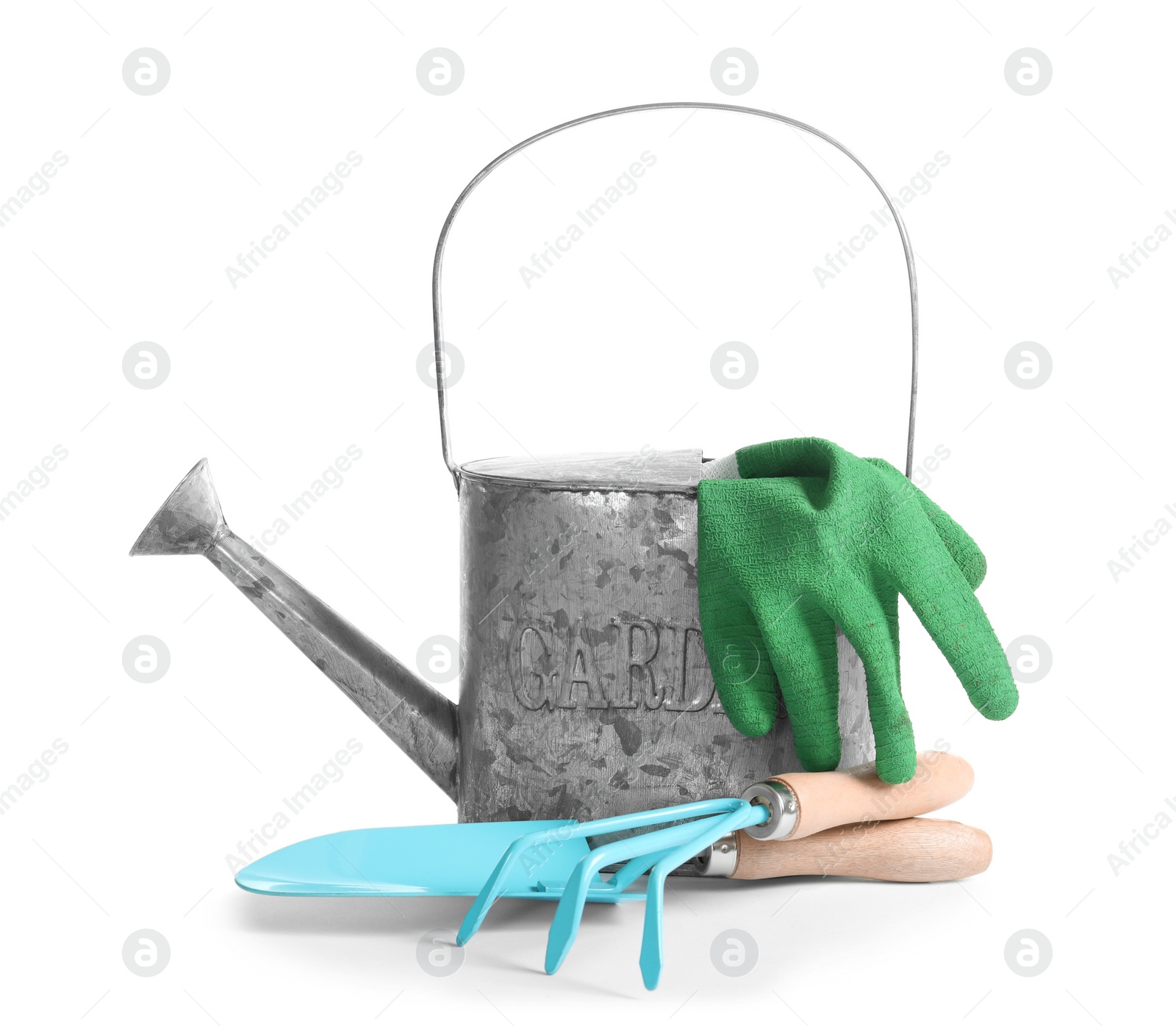 Photo of Set of professional gardening tools on white background