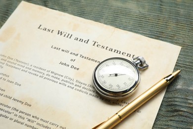Last Will and Testament, pocket watch and pen on rustic wooden table, closeup