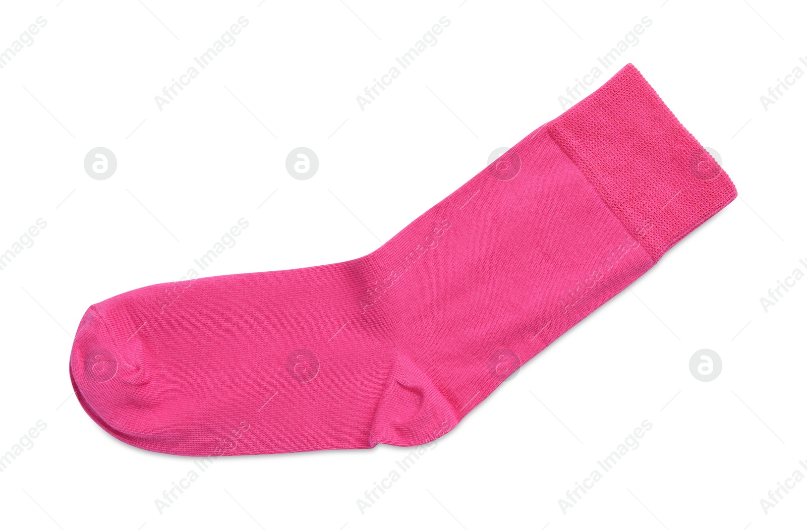 Photo of New pink sock isolated on white, top view. Footwear accessory