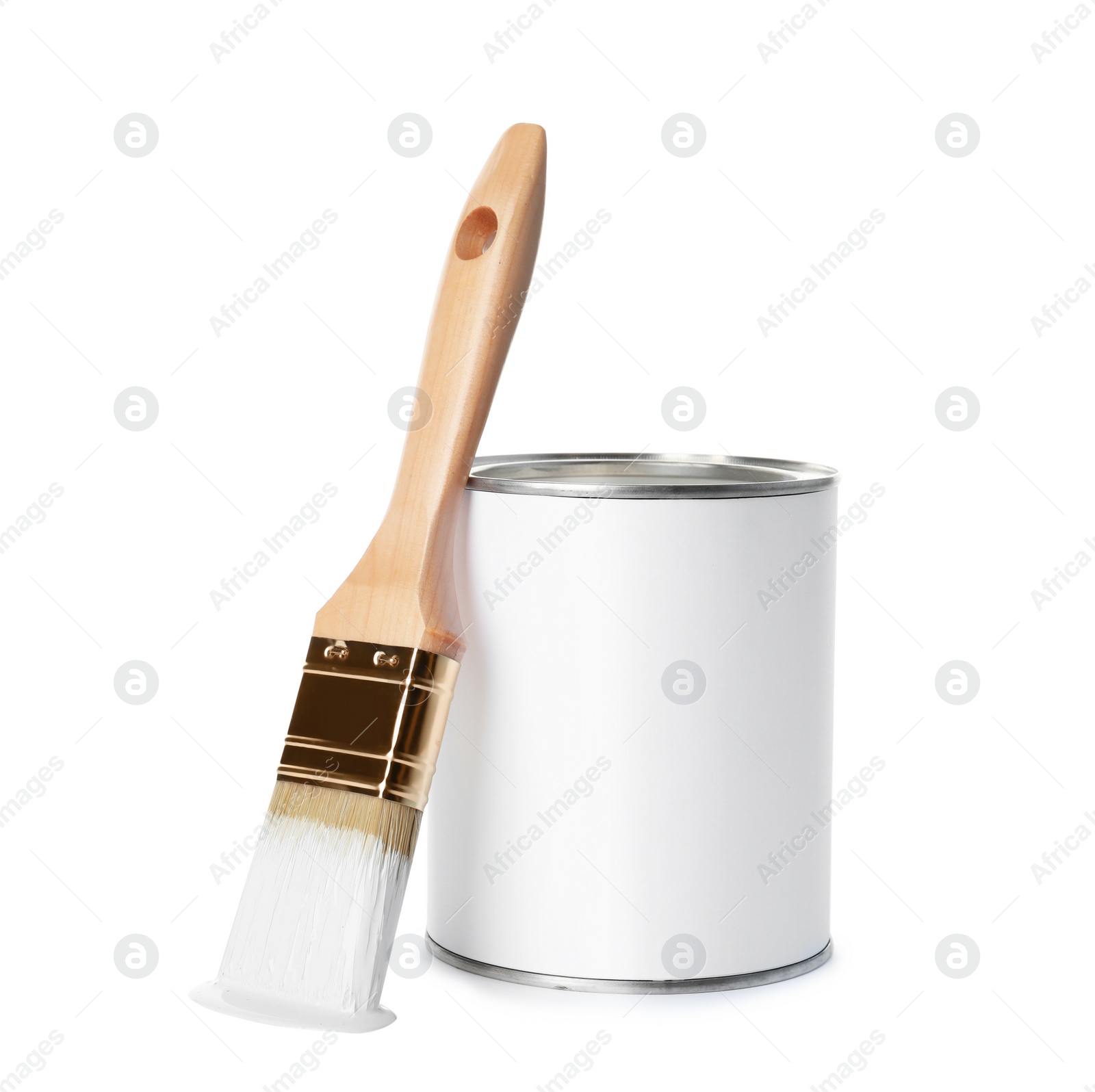 Photo of Paint can with brush on white background. Space for design