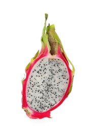 Photo of Half of delicious dragon fruit (pitahaya) isolated on white