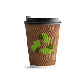 Image of Paper cup with recycling symbol on white background