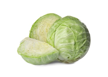 Photo of Whole and sliced cabbages on white background. Healthy food